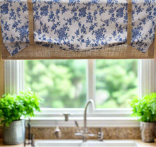 Load image into Gallery viewer, Blue Floral Rose Burlap Valance