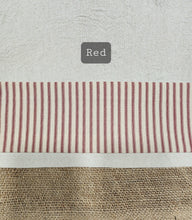 Load image into Gallery viewer, Burlap and Drop Cloth Valance with Ticking Banding