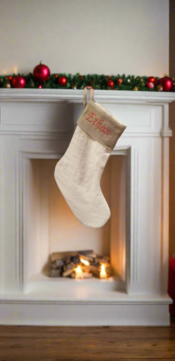 Personalized Christmas Stockings, Embroidered Linen Christmas Stockings