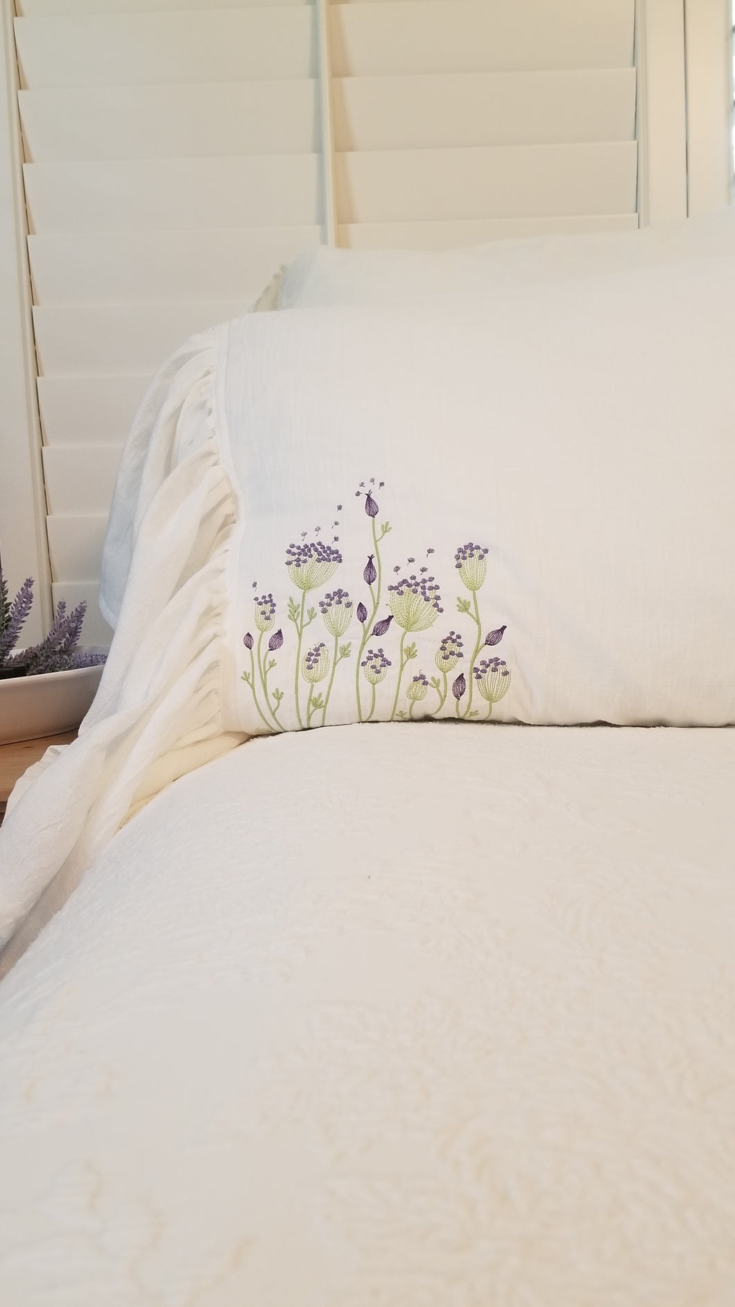 White Embroidered Pillow Sham With Ruffle
