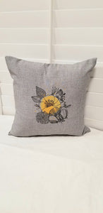 Yellow Floral Pillow Cover, Mustard Yellow Floral Pillow Cover, Yellow and Gray Pillow, Gray Pillow Cover, Embroidered Pillow Cover