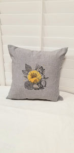 Yellow Floral Pillow Cover, Mustard Yellow Floral Pillow Cover, Yellow and Gray Pillow, Gray Pillow Cover, Embroidered Pillow Cover