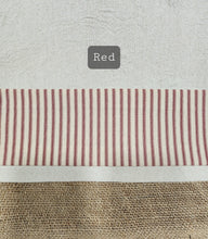 Load image into Gallery viewer, Burlap and Drop Cloth Valance with Ticking Banding
