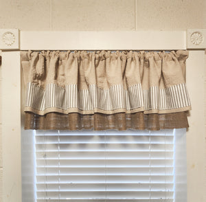 Burlap and Drop Cloth Valance with Ticking Banding