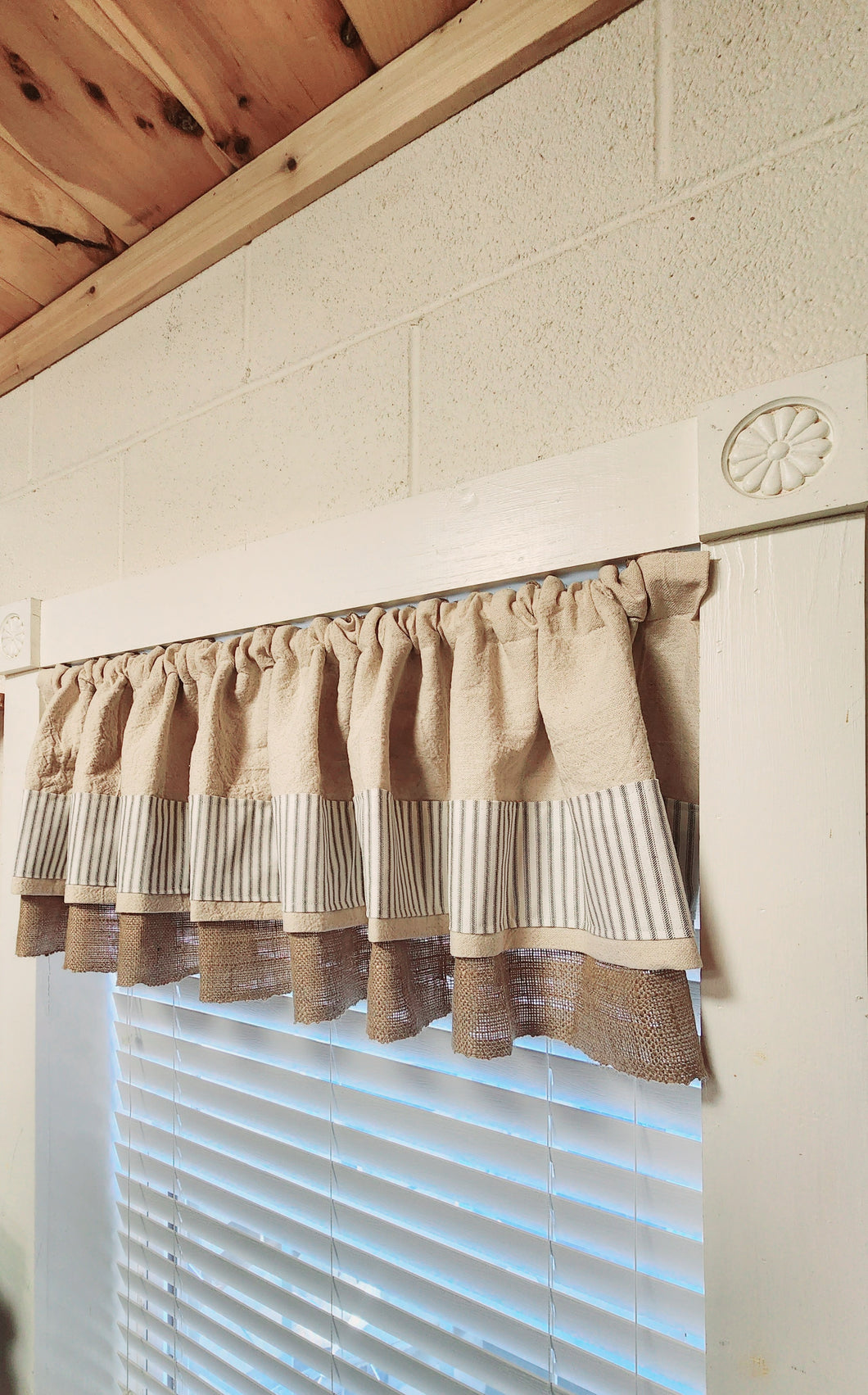 Burlap and Drop Cloth Valance with Ticking Banding